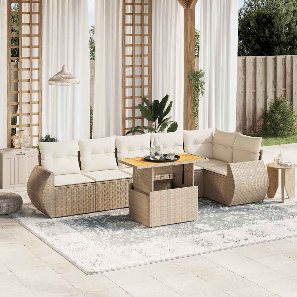 7-tlg. Garten-Sofagarnitur mit Kissen Beige Poly Rattan
